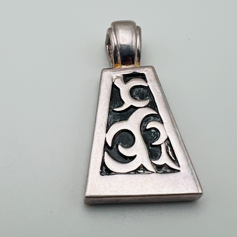 Trapezoid Pendant Silver Tone Black Enamel Scroll Modernist Geometric Jewelry